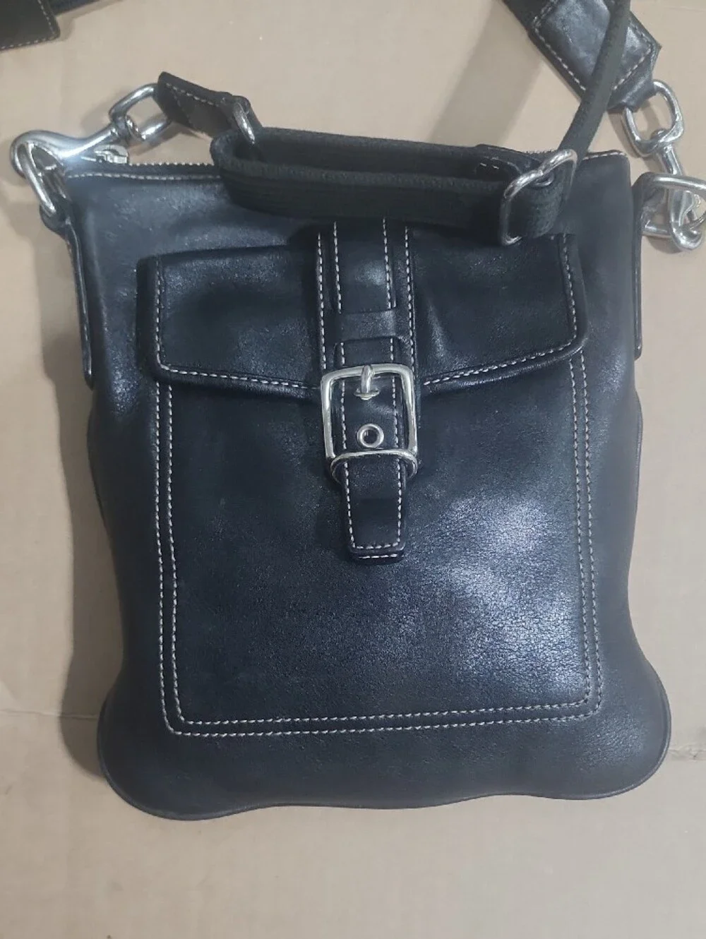 Black Leather Crossbody Bag - Classic Buckle Design